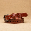 Brown leather belt for women featuring decorative star-shaped cutouts and white stitching - Wine Red Horseshoe Buckle / 105cm