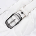 Minimalist white leather belt for women featuring a dark gunmetal pin buckle and fine stitching - One Size / White