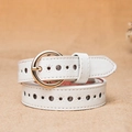 White hollowed leather belt for women featuring a round golden pin buckle and floral cutouts - White Round Buckle / 105cm