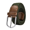 Elastic woven belt in olive green with brown leather trim and a silver metal buckle - 105cm / Green