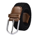 Classic black elastic woven belt with brown leather trim and silver metal buckle - 105cm / Black