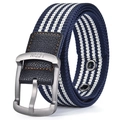 Blau-weiß gestreifter Canvas-Gürtel für Herren mit silberner Dornschließe und Leder - 120cm / Blau Gestreift