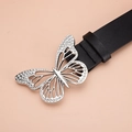 Cinturón de mujer en cuero negro con hebilla de mariposa plateada y pedrería brillante - Negro