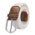 Beige elastic woven belt with brown leather accents and a silver metal pin buckle - 105cm / White
