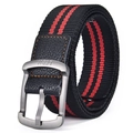Schwarzer Leinwandgürtel mit roten Streifen und Metall dornschließe für Damen und Herren - 120cm / Schwarz & Rot Gestreift