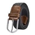 Elastic braided canvas belt in dark grey with brown leather trim and silver metal buckle - 105cm / Gray