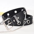 Punk style black faux leather belt with silver metal eyelets and detachable chain link - Black / 105cm