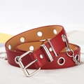 Red punk style PU leather belt with silver grommets and decorative metal chain - Red / 105cm