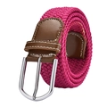 Elastic woven canvas belt in rose red with brown leather trim and silver buckle - 105cm / Rose Red