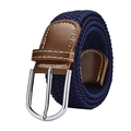 Elastic navy blue woven belt with brown leather trim and silver metal buckle - 105cm / Navy Blue