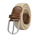Elastic braided fabric belt in beige with dark brown leather trim and silver buckle - 105cm / Off White