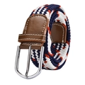 Elastic woven belt in navy blue, white and orange with silver buckle and brown leather - 105cm / Multicolour