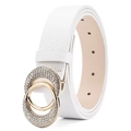 Cinturón de mujer en cuero blanco con motivo litchi y hebilla dorada de doble aro - 105cm / Blanco Con Hebilla Dorada