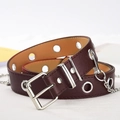 Burgundy leather belt with large silver metal eyelets and a decorative chain link - Brown / 105cm