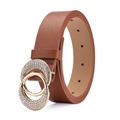 Cinturón de mujer en cuero lichi marrón con hebilla decorativa de doble aro con pedrería - Hebilla Dorada / Caqui