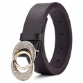 Cinturón fino de piel sintética marrón oscuro con hebilla de doble anillo dorada y strass - Hebilla Dorada / café