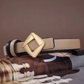 Dettaglio della cintura in pelle kaki con fibbia dorata su un libro d'arte - 100 / Beige
