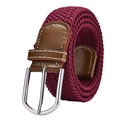 Elastic braided stretch belt in dark burgundy red with silver polished buckle - 105cm / Dark Red
