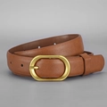 Classic brown leather belt for women featuring a vintage oval golden metal pin buckle - 105 / Khaki