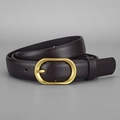 Classic dark brown leather belt featuring a matte gold oval buckle for women and men - 105 / Coffee