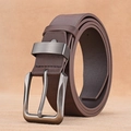 Men's dark brown casual leather belt with matte grey pin buckle on a textured background - Long Style / Coffee