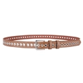 Detailweergave van een bruine leren riem met zilveren oogjes en een klassieke gesp - Khaki / 105cm
