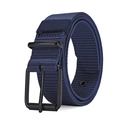Close-up of navy blue nylon woven belt with matte black metal buckle and stitching - Navy Blue / 120cm