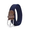Close-up of navy blue braided elastic belt with silver pin buckle and brown leather joint - 105cm / Navy Blue