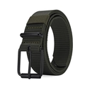 Detail of army green nylon web belt with black matte pin buckle and reinforced stitching - Army Green / 120cm