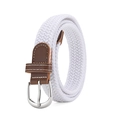 Close-up of white braided elastic belt with brown leather trim and silver metal buckle - 105cm / White
