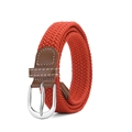 Detail of orange elastic woven belt with silver pin buckle and brown leather trim - 105cm / Red
