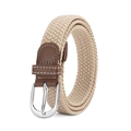 Dettaglio cintura elastica intrecciata beige con pelle marrone e fibbia a D argento - 105cm / Beige