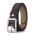 Minimalist dark brown leather belt with silver matte square buckle and stitched edges - Brown / 105cm