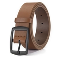 Detail of dark brown leather belt with lychee texture and matte black metal buckle - Matte Black Buckle Khaki Style (P0366-C)