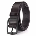 Macro detail of men's dark brown leather belt featuring matte black metal pin buckle - All Black Matte Coffee Style (P0366-C)