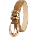 Elegante bruine lederen damesriem met gouden ovale gesp en gegolfde metalen details - 110cm / Khaki