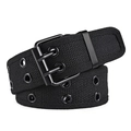 Unisex black double grommet canvas belt with matte black metal dual prong buckle - Black / 110cm