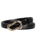 Slim black women's belt with irregular gold buckle and contrast beige stitching details - Black