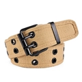 Detail of khaki canvas belt with double rows of eyelets and matte black metal buckle - Khaki / 110cm
