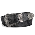 Detailed close-up of vintage engraved floral metal buckle on black embossed leather belt - Black / 110cm