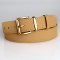 Detail of light brown suede belt with vintage bronze buckle and white stitching accents - Khaki / 105cm
