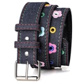 Detail of blue denim belt featuring colorful floral metal eyelets and contrast stitching - 105cm / Denim Blue