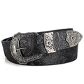Cintura vintage in pelle con motivo floreale goffrato e fibbia incisa argento - Nero / 110cm