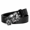 Cintura bohémien in pelle nera con fibbia a teschio argento vintage e motivi floreali - 110cm / Nero