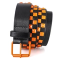 Y2K punk style black leather belt with triple rows of vibrant orange square studs - Orange / 110cm