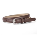 Women's slim dark brown PU leather belt with matte silver pin buckle and fine stitching - Coffee