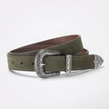 Olivgrüner Wildleder-Gürtel mit silberner Western-Schnalle für Damen im Retro-Look - 108cm / Armeegrün