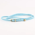 Slim hand-woven light blue leather belt with vintage gold round buckle for women - Sky Blue