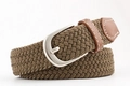 Unisex khaki woven elastic stretch belt with silver metal buckle and brown leather trim - Dark Khaki / 100cm Length 2.5 Width