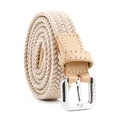 Beige gevlochten stretchriem met lichtbruine leren bies en zilveren gesp-sluiting - Khaki
